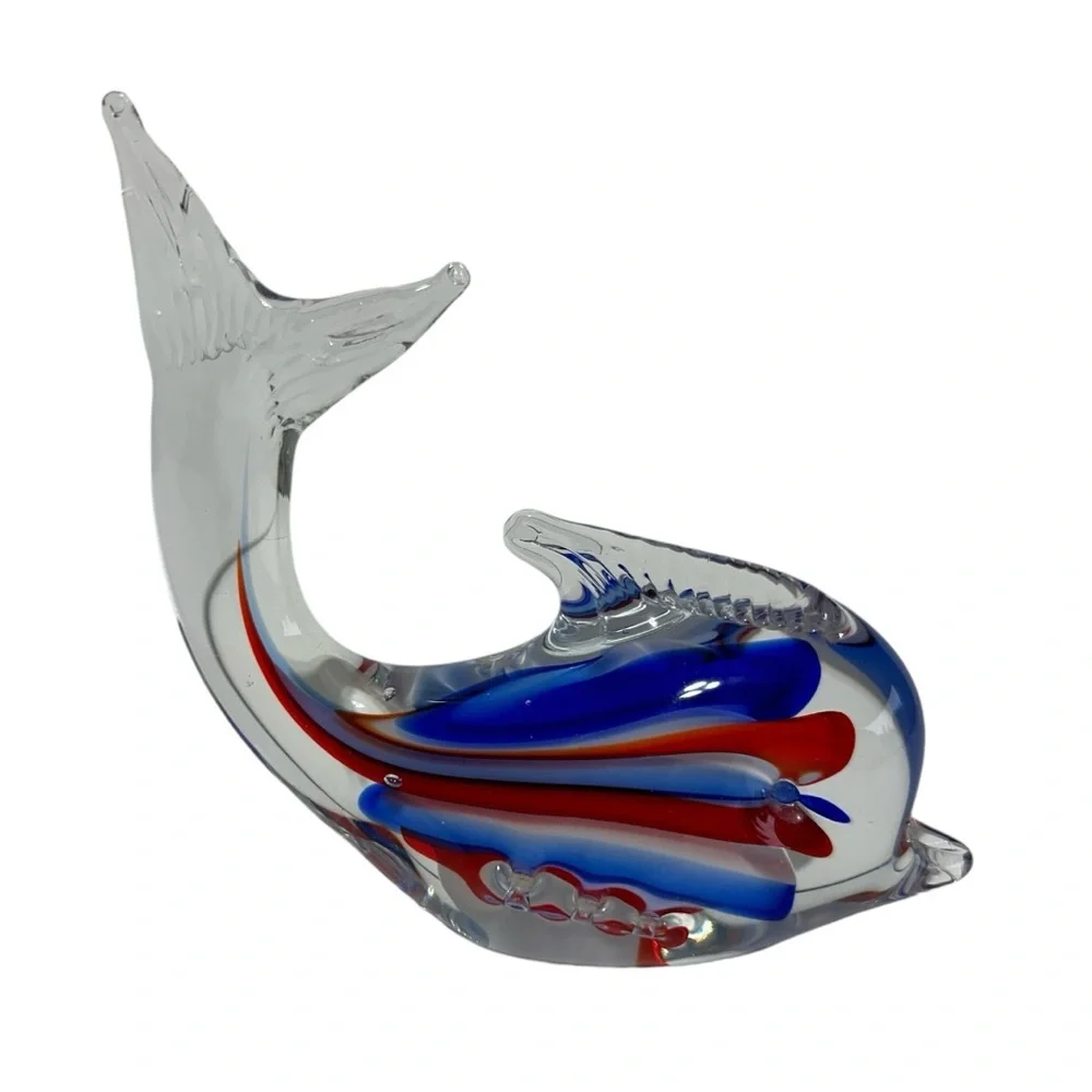 Hand Blown Art Glass Dolphin Figurine/Paperweight Blue/Red Swirl